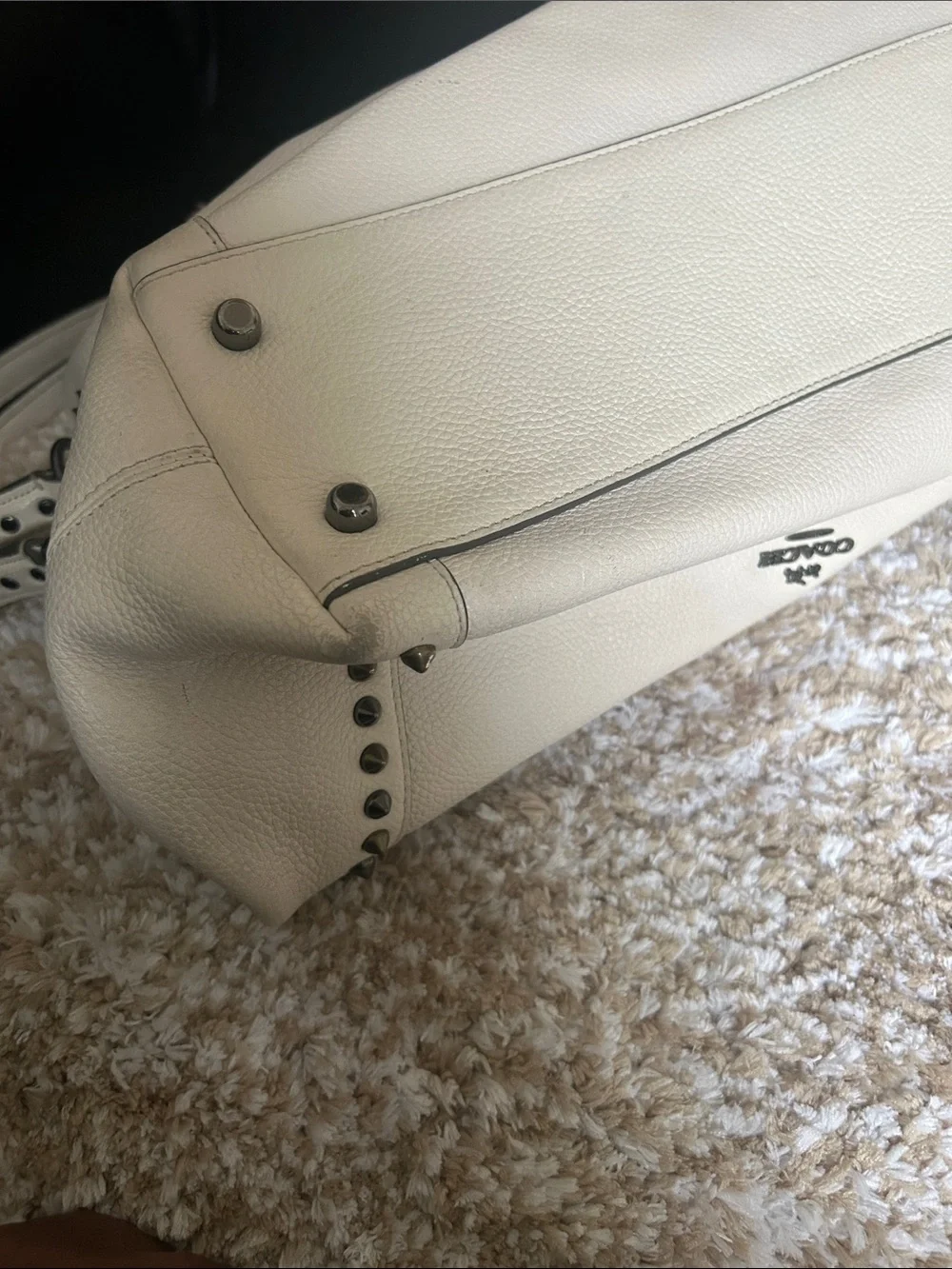 Coach Ivory Pebbled Leather Studded Shoulder Bag